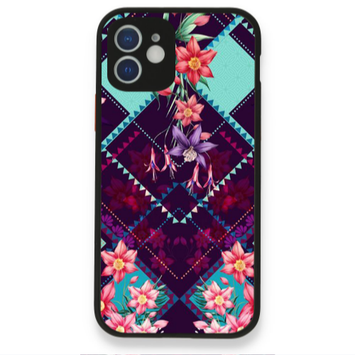 Apple iPhone 12 Checkered flowers Black Glossy Θήκη