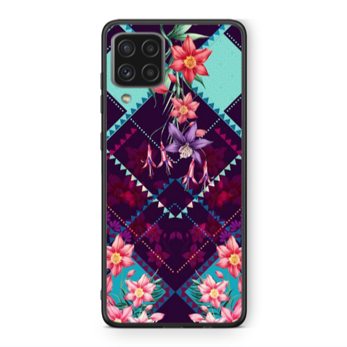 Samsung A22 4G Checkered flowers Black Glossy Θήκη