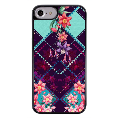 Apple iPhone 7 Checkered flowers Black Glossy Θήκη