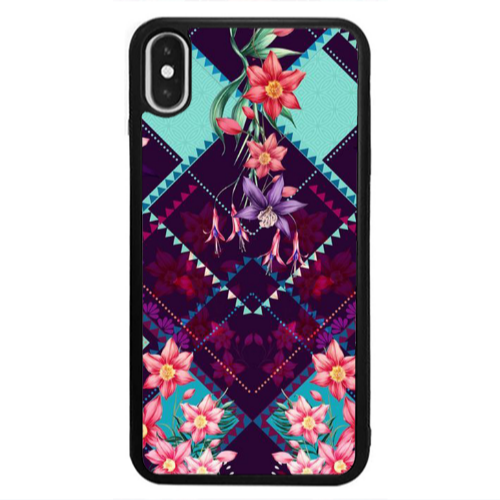 Apple iPhone Xs Checkered flowers Black Glossy Θήκη