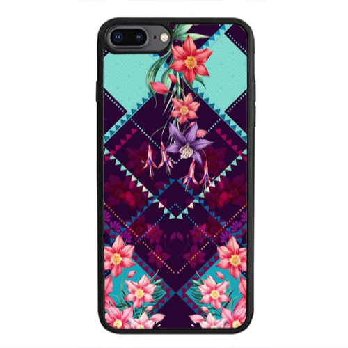 Apple iPhone 7 Plus Checkered flowers Black Glossy Θήκη
