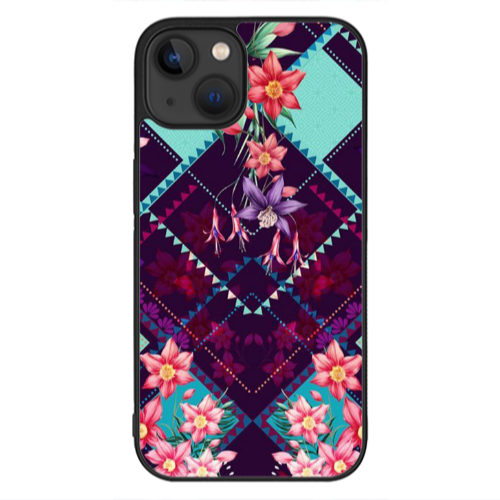 Apple iPhone 13 Mini Checkered flowers Black Glossy Θήκη
