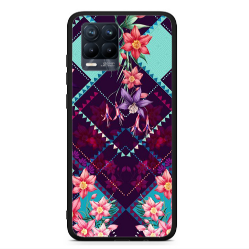 Realme 8  Checkered flowers Black Glossy Θήκη