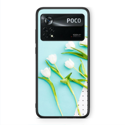Xiaomi Poco X4 Pro White Tulips Black Glossy Θήκη