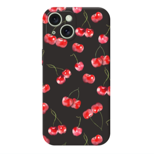 Apple iPhone 15 Cherries Black Colored Silicone TPU Θήκη
