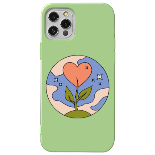 Apple iPhone 12 Pro Max Hearted Flower Light Green Colored Silicone TPU Θήκη