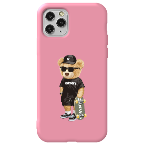 Apple iPhone 11 Pro Bear with glasses Pink Colored Silicone TPU Θήκη