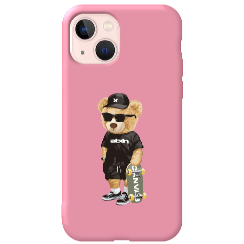 Apple iPhone 13 Bear with glasses Pink Colored Silicone TPU Θήκη