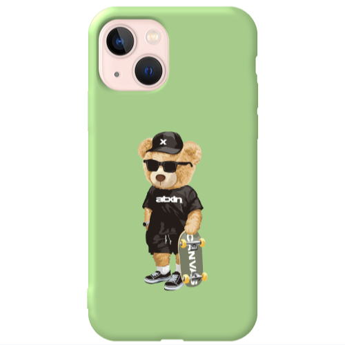 Apple iPhone 13 Bear with glasses Light Green Colored Silicone TPU Θήκη