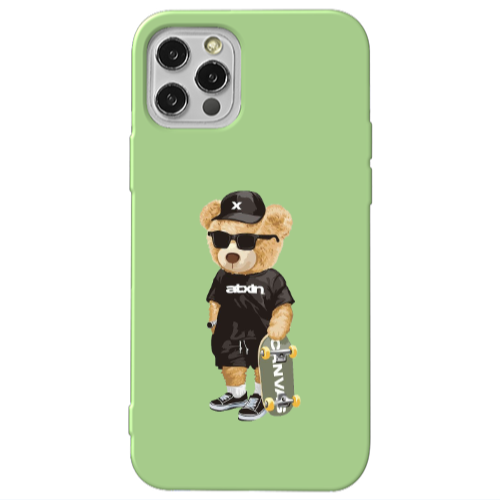 Apple iPhone 12 Pro Max Bear with glasses Light Green Colored Silicone TPU Θήκη