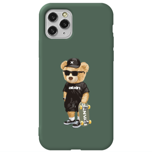 Apple iPhone 11 Pro Max Bear with glasses Dark Green Colored Silicone TPU Θήκη