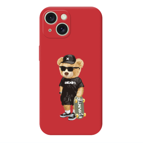 Apple iPhone 15 Bear with glasses Red Colored Silicone TPU Θήκη