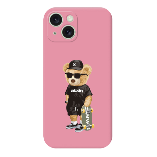 Apple iPhone 15 Plus Bear with glasses Pink Colored Silicone TPU Θήκη