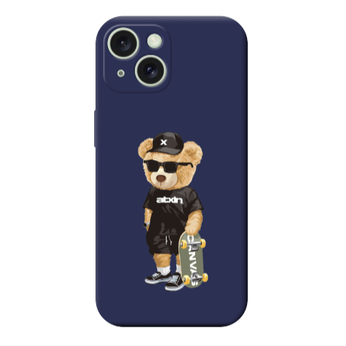 Apple iPhone 15 Plus Bear with glasses Dark blue Colored Silicone TPU Θήκη