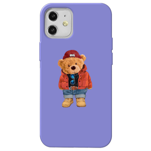 Apple iPhone 12 Bear in a hat Purple Colored Silicone TPU Θήκη