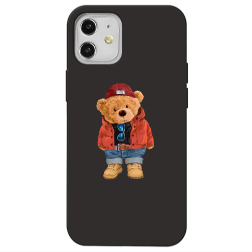 Apple iPhone 12 Bear in a hat Black Colored Silicone TPU Θήκη