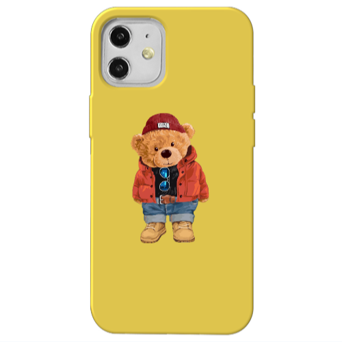 Apple iPhone 12 Bear in a hat Yellow Colored Silicone TPU Θήκη