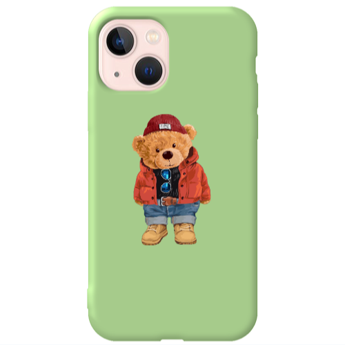Apple iPhone 13 Bear in a hat Light Green Colored Silicone TPU Θήκη