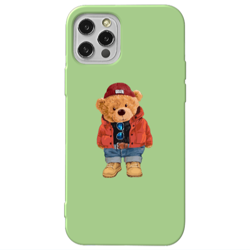 Apple iPhone 12 Pro Max Bear in a hat Light Green Colored Silicone TPU Θήκη