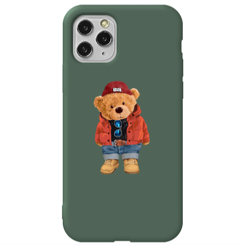 Apple iPhone 11 Pro Max Bear in a hat Dark Green Colored Silicone TPU Θήκη