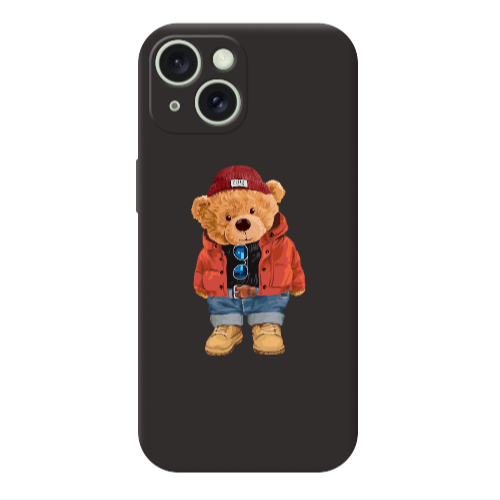 Apple iPhone 15 Bear in a hat Black Colored Silicone TPU Θήκη