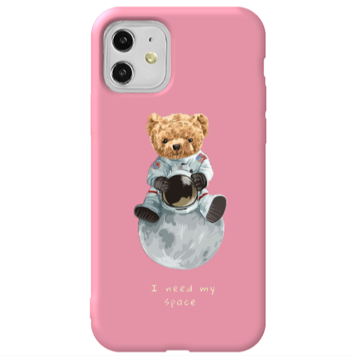Apple iPhone 11  Bear in space Pink Colored Silicone TPU Θήκη