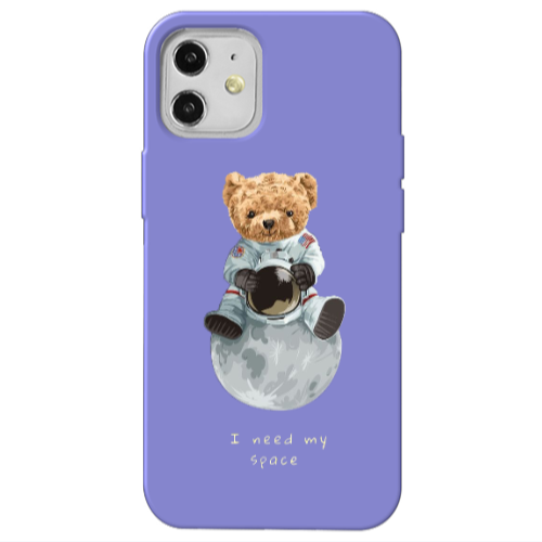 Apple iPhone 12 Bear in space Purple Colored Silicone TPU Θήκη