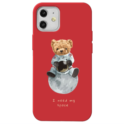 Apple iPhone 12 Bear in space Red Colored Silicone TPU Θήκη