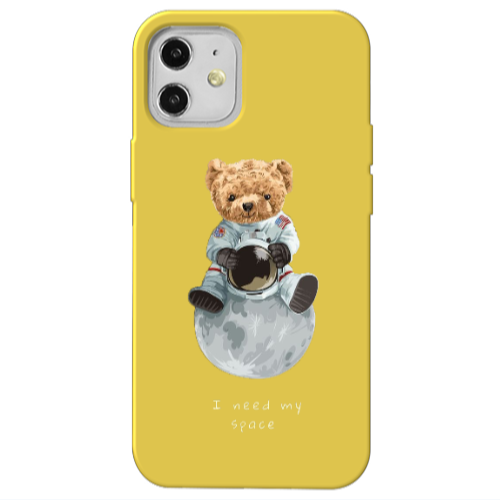 Apple iPhone 12 Bear in space Yellow Colored Silicone TPU Θήκη