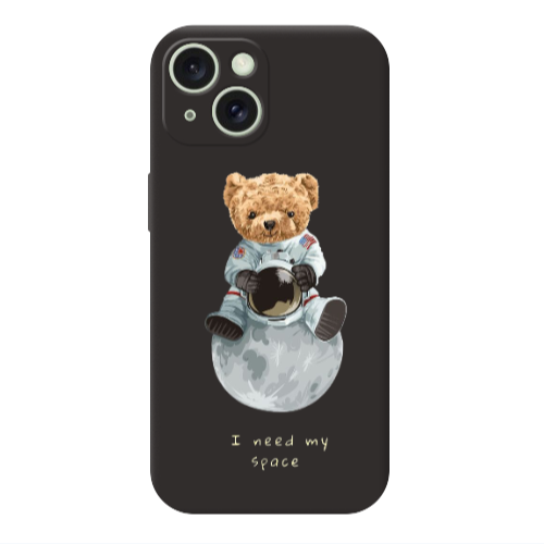Apple iPhone 15 Bear in space Black Colored Silicone TPU Θήκη