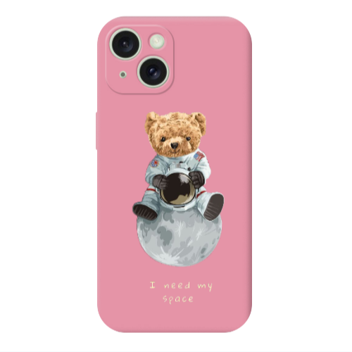 Apple iPhone 15 Plus Bear in space Pink Colored Silicone TPU Θήκη