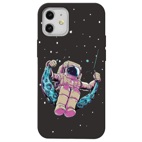 Apple iPhone 12 Astronaut swinging on the moon Black Colored Silicone TPU Θήκη