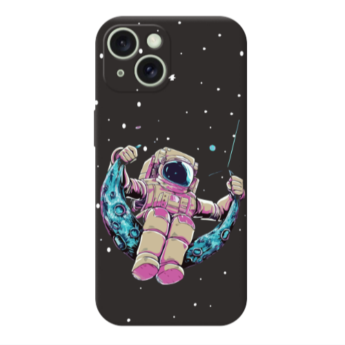 Apple iPhone 15 Astronaut swinging on the moon Black Colored Silicone TPU Θήκη