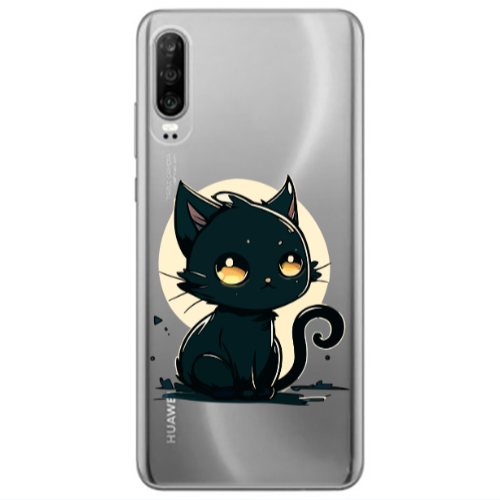 Huawei P30 Black Cat Transparent Silicone TPU Θήκη