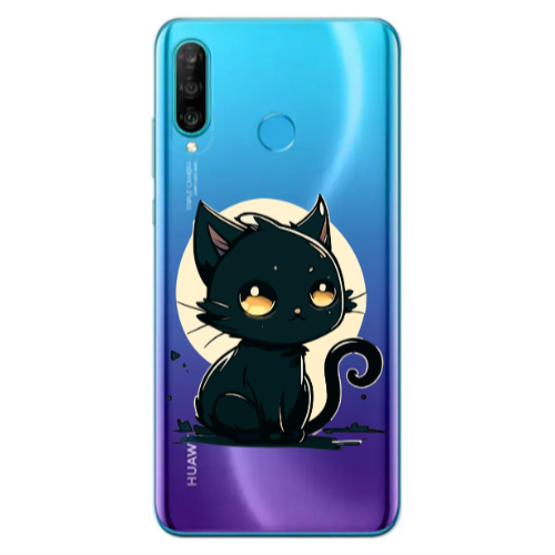 Huawei P30 Lite Black Cat Transparent Silicone TPU Θήκη