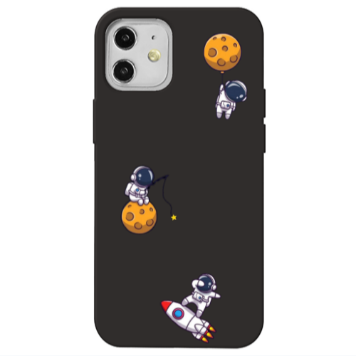 Apple iPhone 12 Cute astronauts Black Colored Silicone TPU Θήκη
