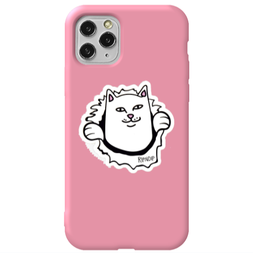 Apple iPhone 11 Pro White cat Pink Colored Silicone TPU Θήκη