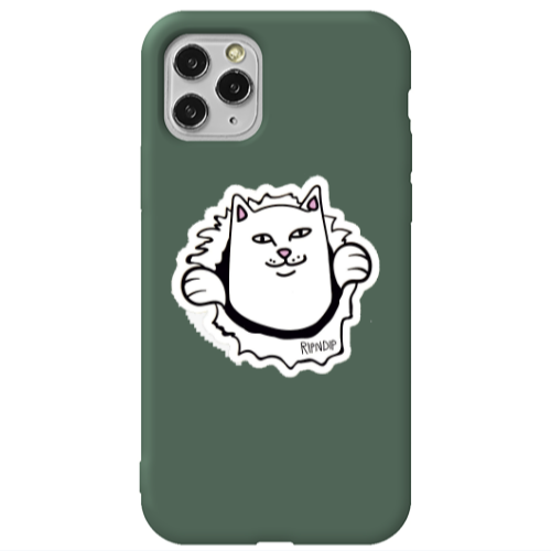 Apple iPhone 11 Pro White cat Dark Green Colored Silicone TPU Θήκη