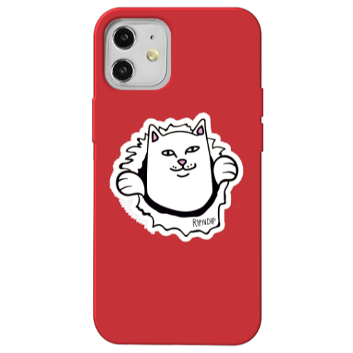 Apple iPhone 12 White cat Red Colored Silicone TPU Θήκη
