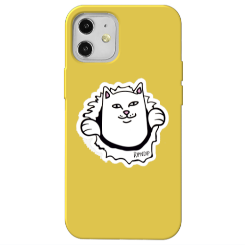 Apple iPhone 12 White cat Yellow Colored Silicone TPU Θήκη