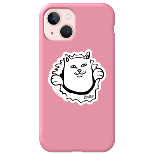 Apple iPhone 13 White cat Pink Colored Silicone TPU Θήκη