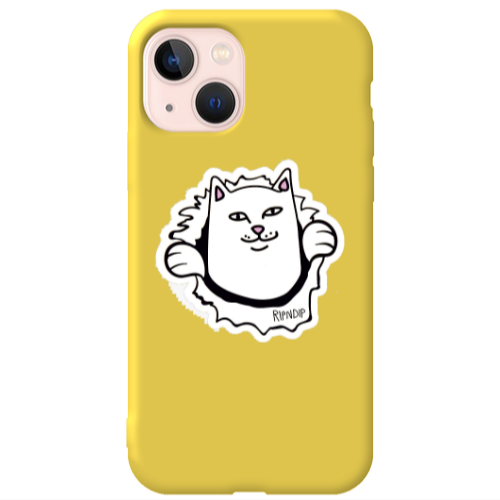 Apple iPhone 13 White cat Yellow Colored Silicone TPU Θήκη