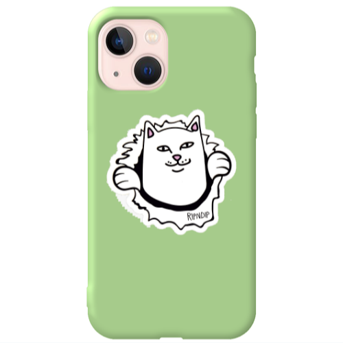 Apple iPhone 13 White cat Light Green Colored Silicone TPU Θήκη