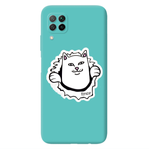 Huawei P40 Lite White cat Turquoise Colored Silicone TPU Θήκη